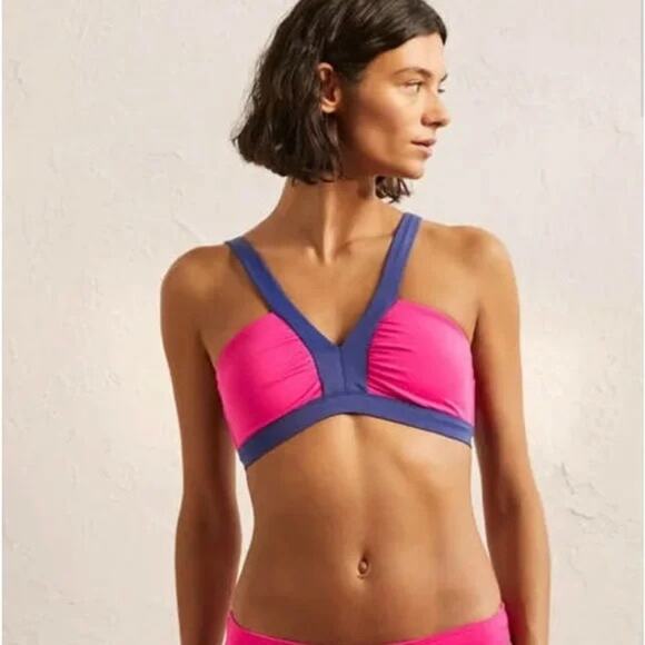 Boden Corsica V-neck Bikini Top Fuchsia Navy sz 14 - Picture 1 of 5
